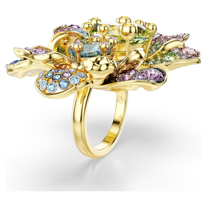 Idyllia ring Mixed cuts, Pavé, Flower, Multicolored, Gold-tone plated