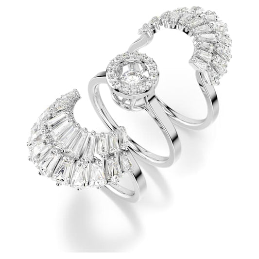 Idyllia ring Set (3), Mixed cuts, Shell, White, Rhodium plated