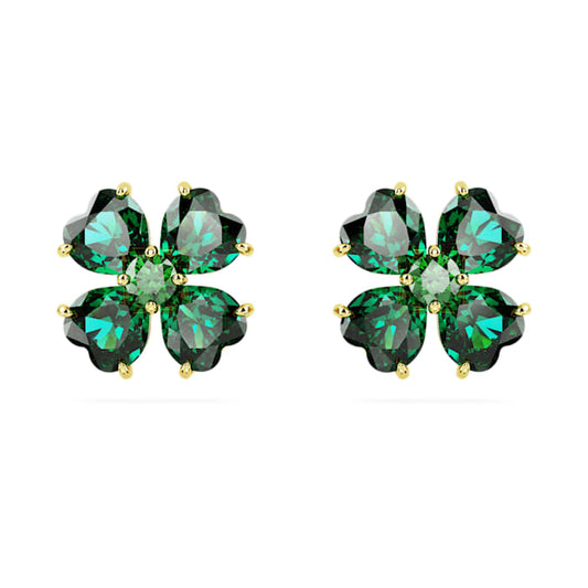 Idyllia stud earrings Clover, Green, Gold-tone plated