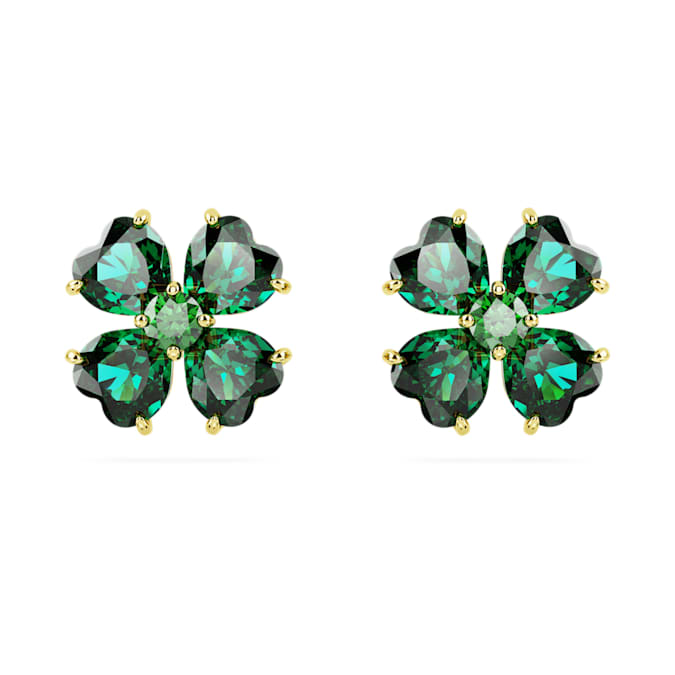 Idyllia stud earrings Clover, Green, Gold-tone plated