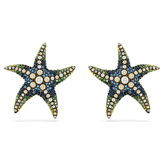 Idyllia stud earrings Crystal pearl, Starfish, Large, Multicolored, Gold-tone plated