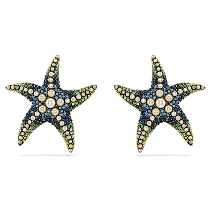 Idyllia stud earrings Crystal pearl, Starfish, Large, Multicolored, Gold-tone plated