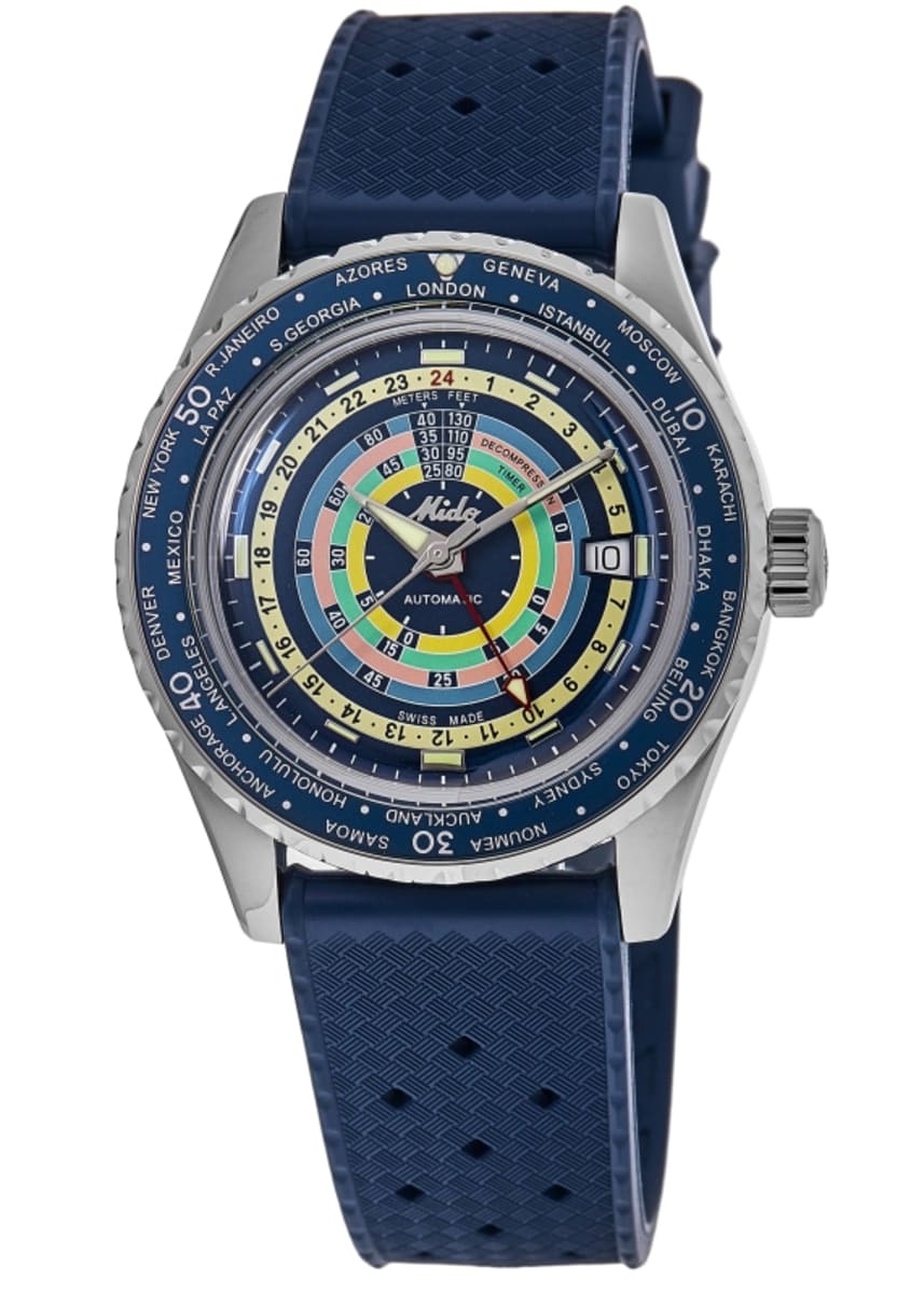 Mido Ocean Star Decompression Worldtimer Blue Dial Rubber