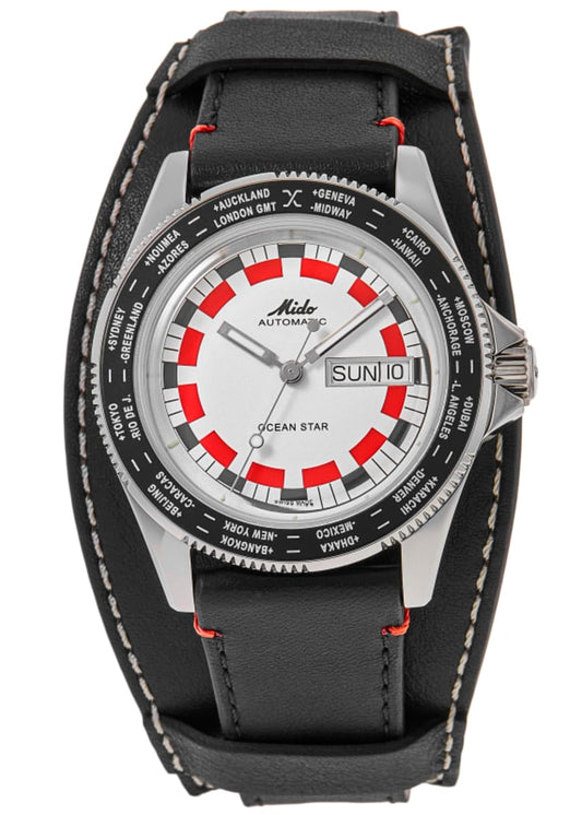 Mido Ocean Star Tribute Worldtimer Silver Dial Leather Strap