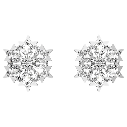 Magic stud earrings Snowflake, White, Rhodium plated