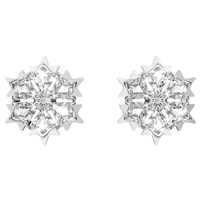Magic stud earrings Snowflake, White, Rhodium plated