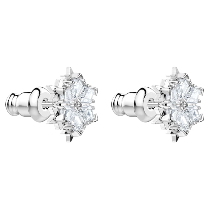 Magic stud earrings Snowflake, White, Rhodium plated