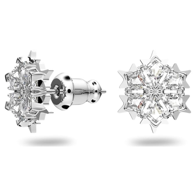 Magic stud earrings Snowflake, White, Rhodium plated