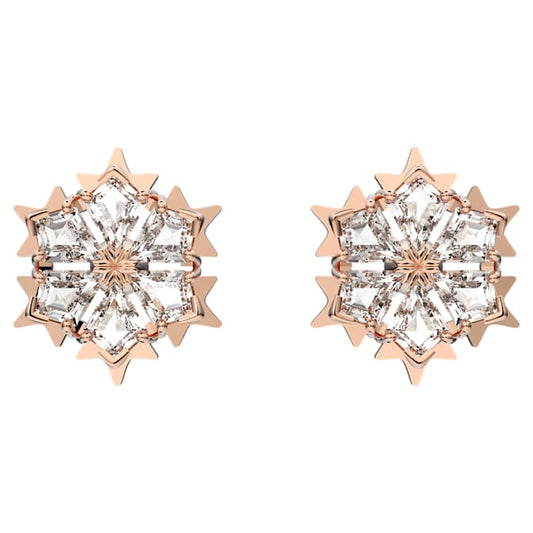 Magic stud earrings Snowflake, White, Rose gold-tone plated