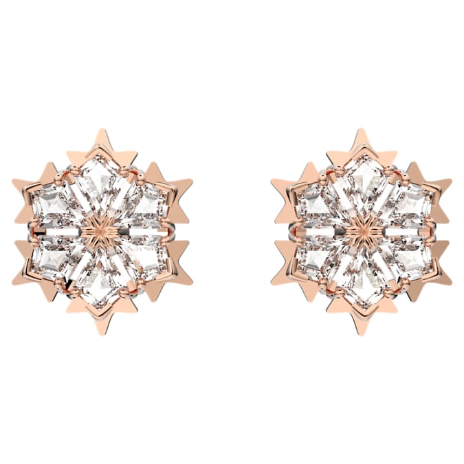 Magic stud earrings Snowflake, White, Rose gold-tone plated