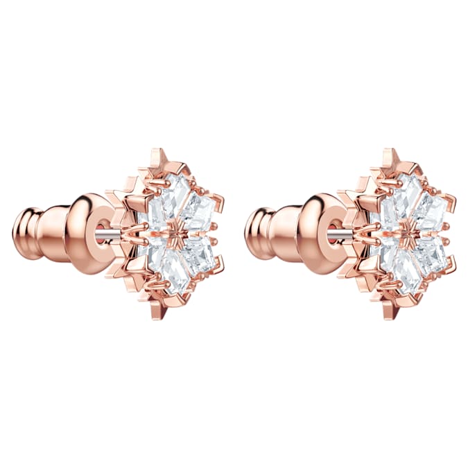 Magic stud earrings Snowflake, White, Rose gold-tone plated