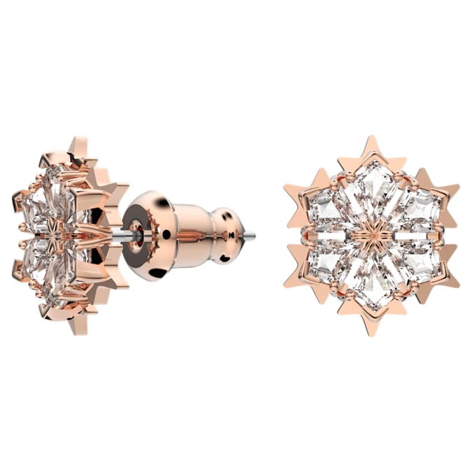 Magic stud earrings Snowflake, White, Rose gold-tone plated
