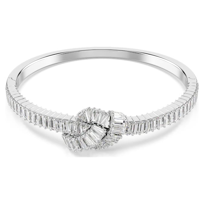 Matrix bangle Baguette cut, Knot, White, Rhodium plated