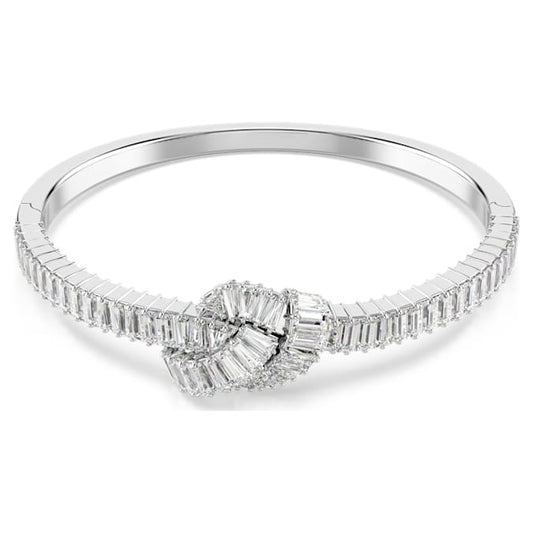 Matrix bangle Baguette cut, Knot, White, Rhodium plated