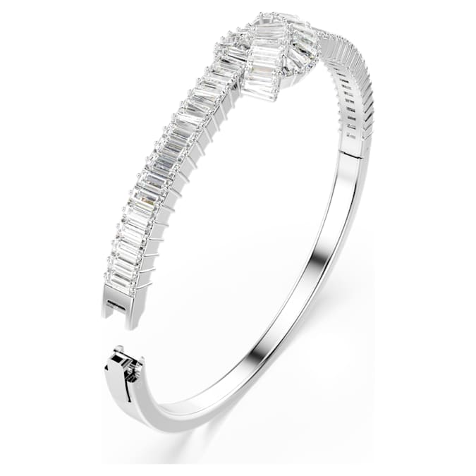 Matrix bangle Baguette cut, Knot, White, Rhodium plated