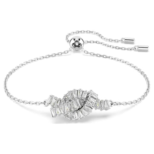 Matrix bracelet Baguette cut, Knot, White, Rhodium plated