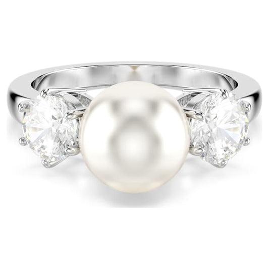 Matrix cocktail ring Crystal pearl, Round cut, White, Rhodium plated
