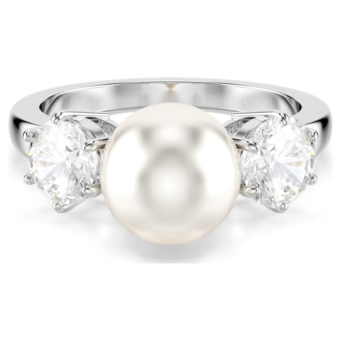 Matrix cocktail ring Crystal pearl, Round cut, White, Rhodium plated