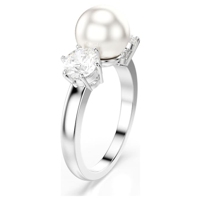Matrix cocktail ring Crystal pearl, Round cut, White, Rhodium plated
