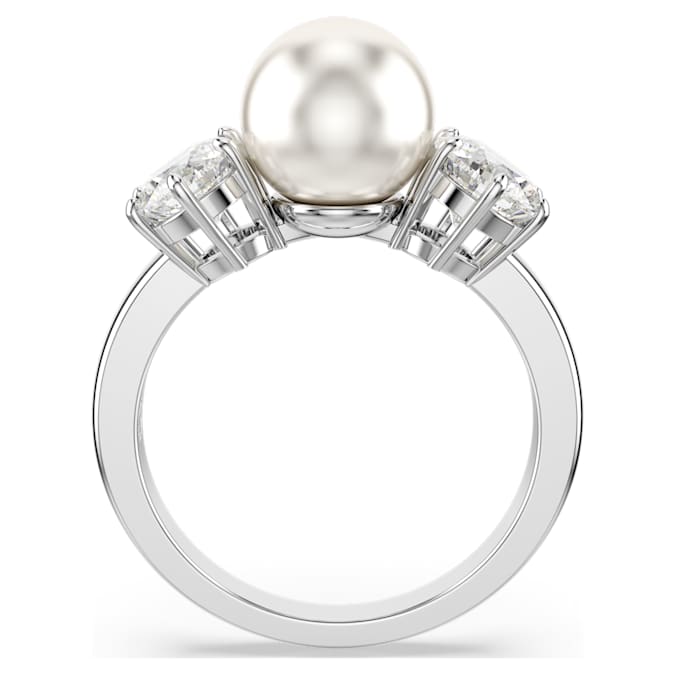 Matrix cocktail ring Crystal pearl, Round cut, White, Rhodium plated