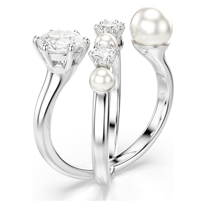 Matrix cocktail ring Crystal pearl, Round cut, White, Rhodium plated