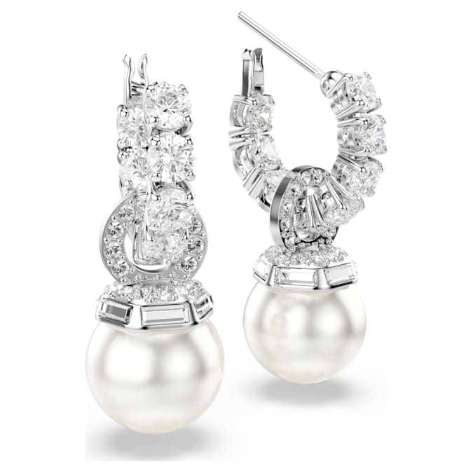 Matrix drop earrings Crystal pearl, Round cut, White, Rhodium plated