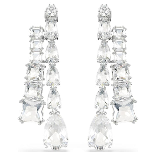 Matrix drop earrings Mixed cuts, White, Rhodium plated