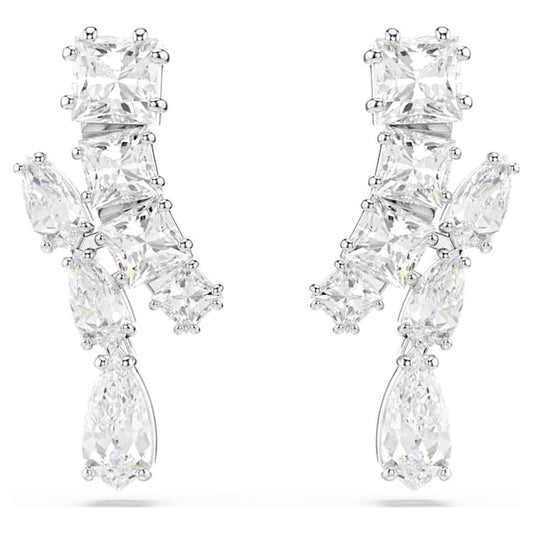 Matrix drop earrings Mixed cuts, White, Rhodium plated