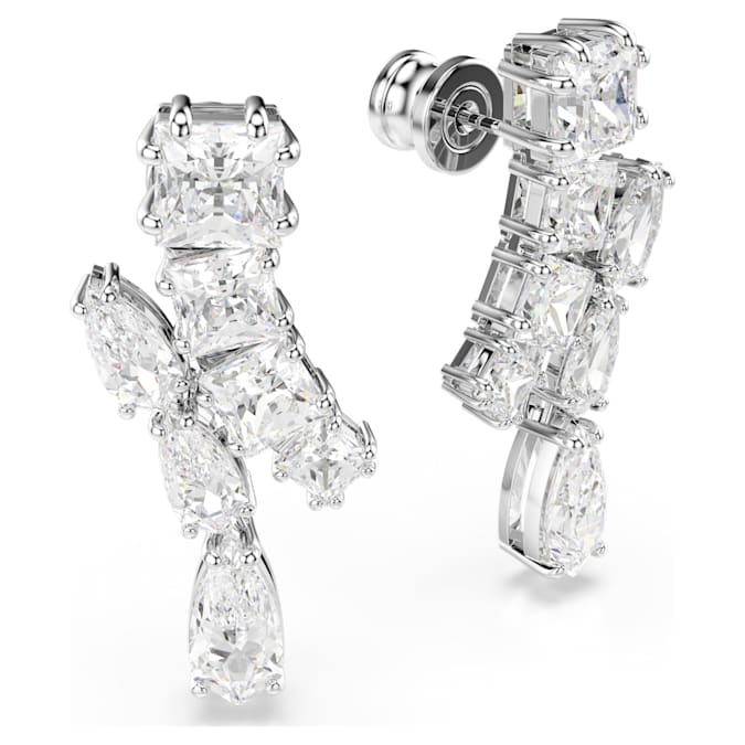 Matrix drop earrings Mixed cuts, White, Rhodium plated