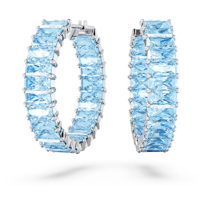 Matrix hoop earrings Baguette cut, Blue, Rhodium plated
