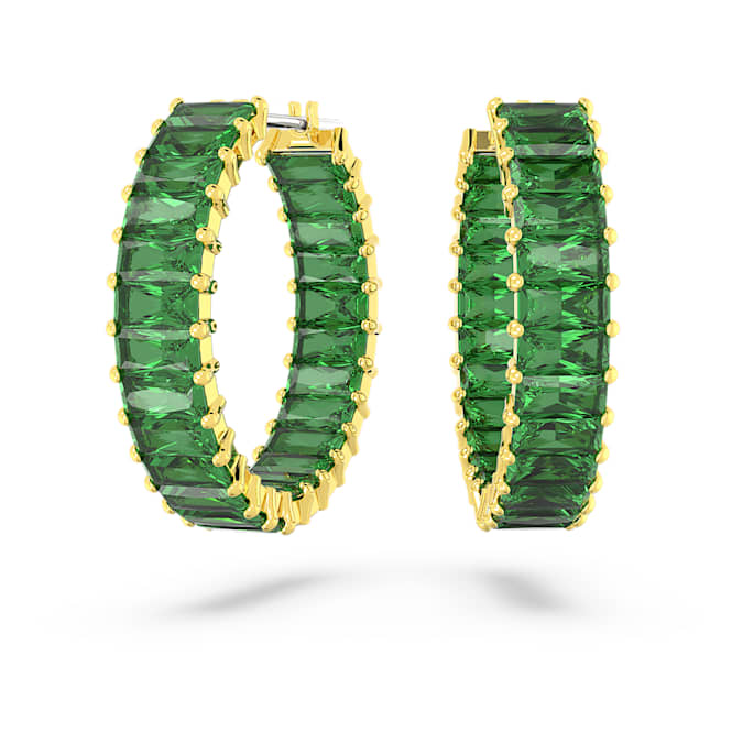 Matrix hoop earrings Baguette cut, Green, Gold-tone plated