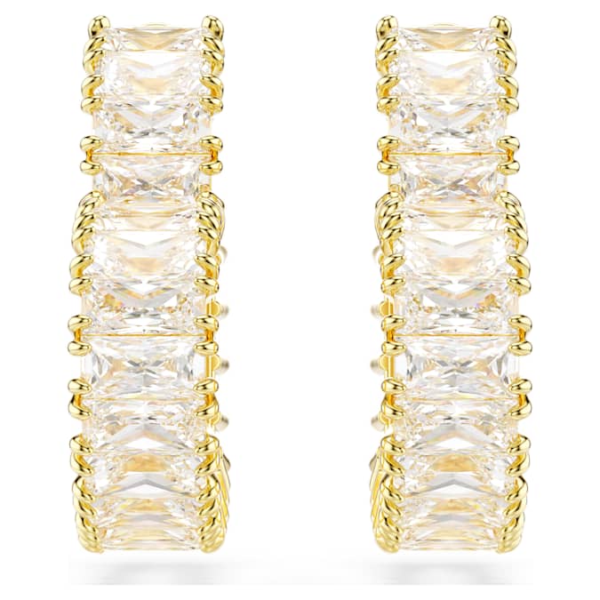 Matrix hoop earrings Baguette cut, Heart, Small, White, Gold-tone plated