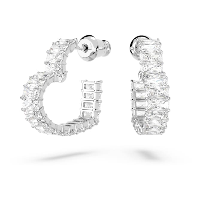 Matrix hoop earrings Baguette cut, Heart, Small, White, Rhodium plated