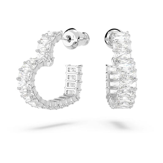 Matrix hoop earrings Baguette cut, Heart, Small, White, Rhodium plated