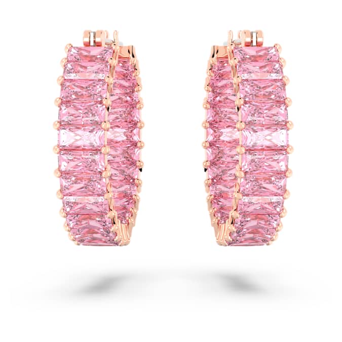 Matrix hoop earrings Baguette cut, Pink, Rose gold-tone plated