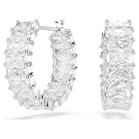 Matrix hoop earrings Baguette cut, White, Rhodium plated