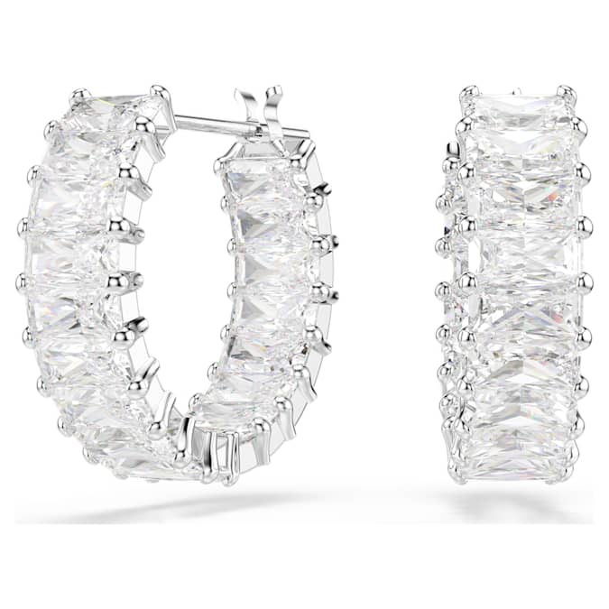 Matrix hoop earrings Baguette cut, White, Rhodium plated