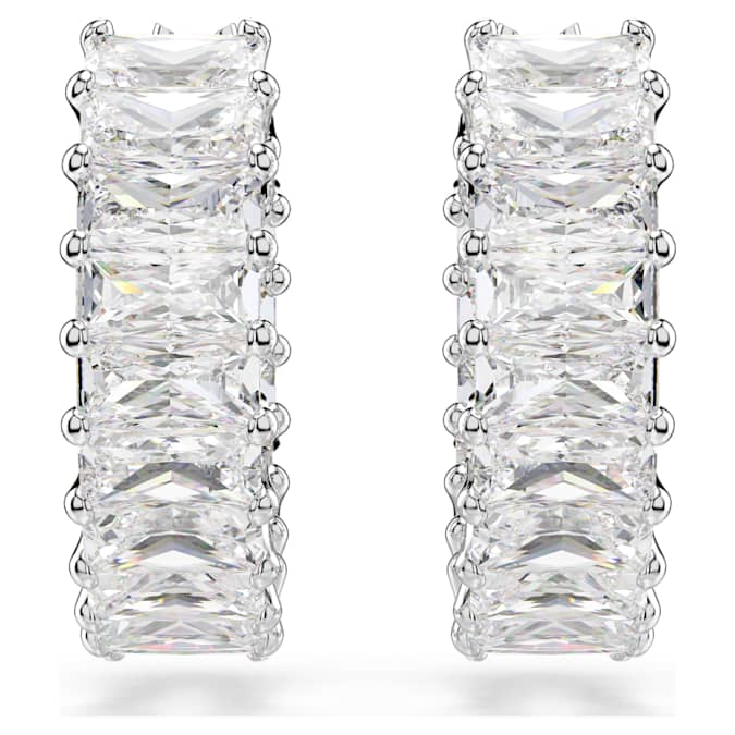 Matrix hoop earrings Baguette cut, White, Rhodium plated