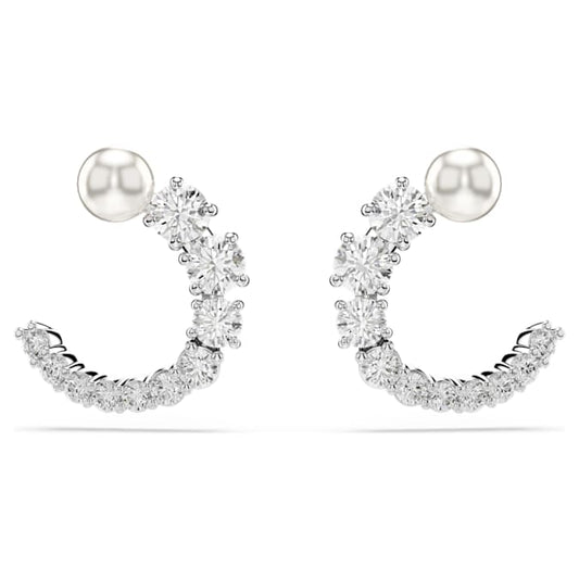 Matrix hoop earrings Crystal pearl, Round cut, White, Rhodium plated