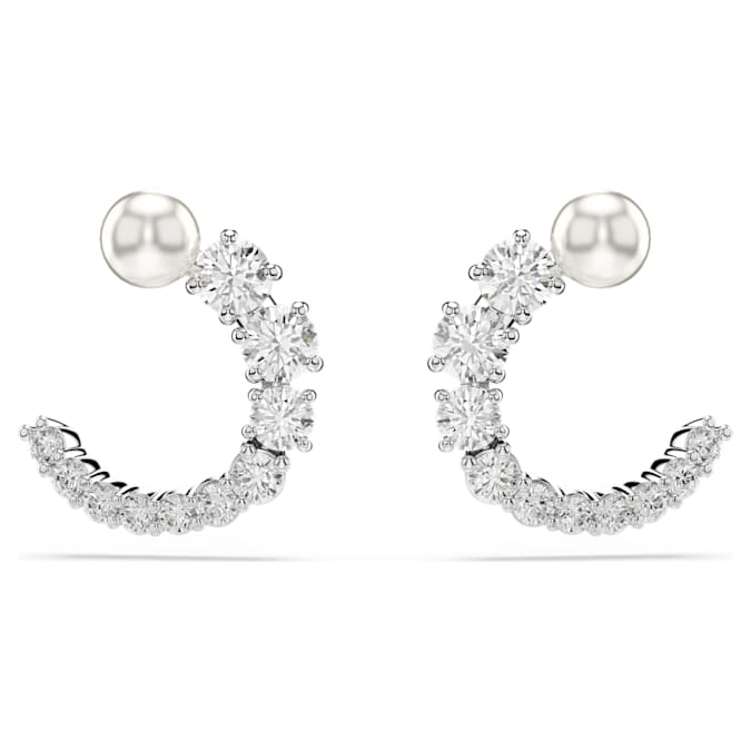 Matrix hoop earrings Crystal pearl, Round cut, White, Rhodium plated