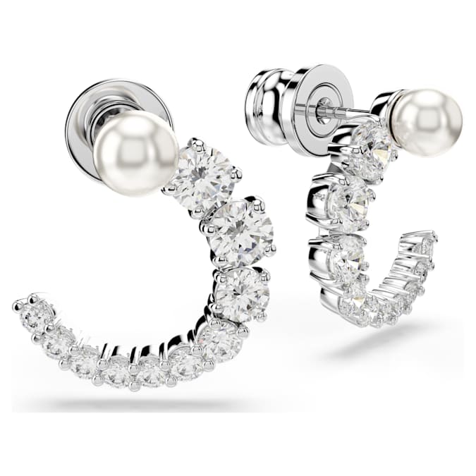 Matrix hoop earrings Crystal pearl, Round cut, White, Rhodium plated