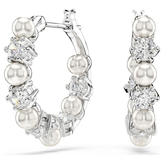 Matrix hoop earrings Crystal pearl, Round cut, White, Rhodium plated