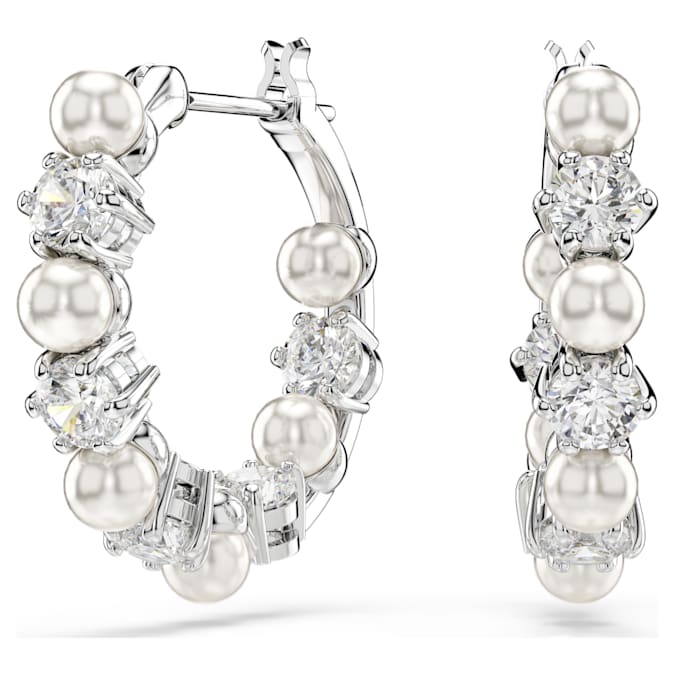Matrix hoop earrings Crystal pearl, Round cut, White, Rhodium plated