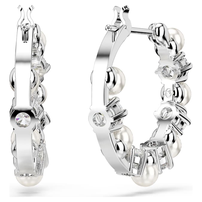 Matrix hoop earrings Crystal pearl, Round cut, White, Rhodium plated