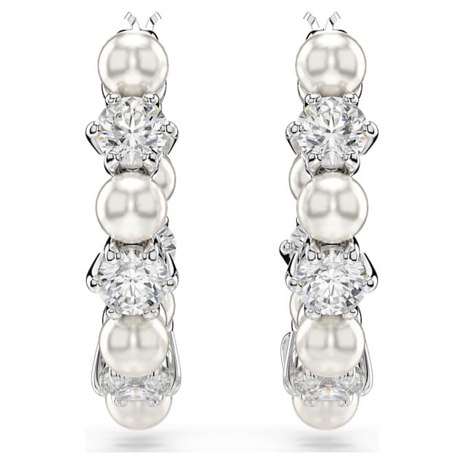 Matrix hoop earrings Crystal pearl, Round cut, White, Rhodium plated