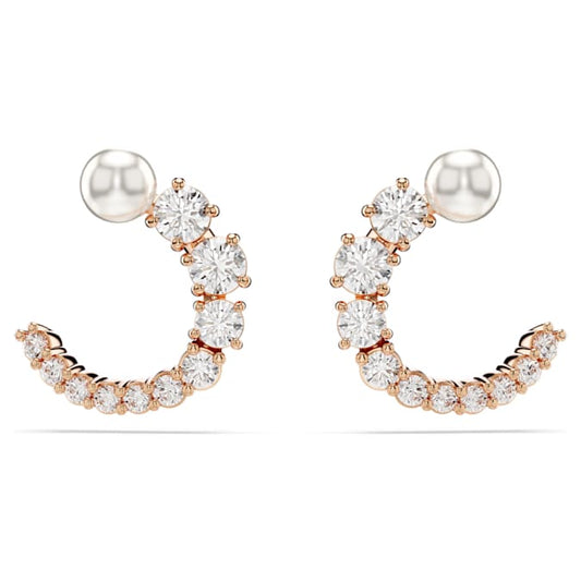 Matrix hoop earrings Crystal pearl, Round cut, White, Rose gold-tone plated