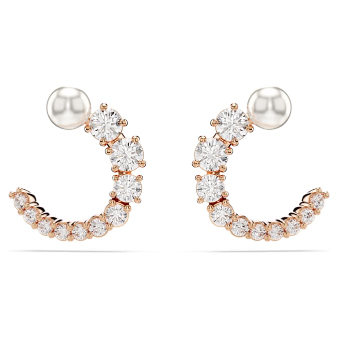 Matrix hoop earrings Crystal pearl, Round cut, White, Rose gold-tone plated