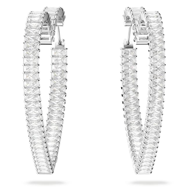 Matrix hoop earrings Heart, Large, White, Rhodium plated