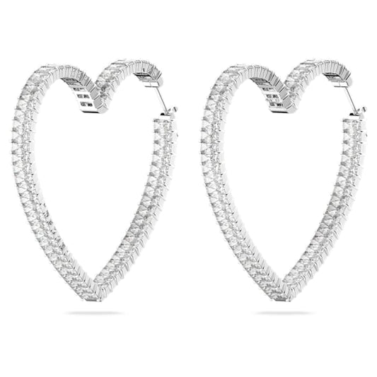 Matrix hoop earrings Heart, Large, White, Rhodium plated