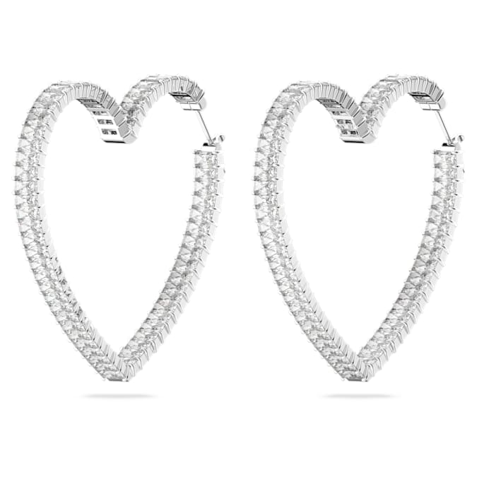 Matrix hoop earrings Heart, Large, White, Rhodium plated